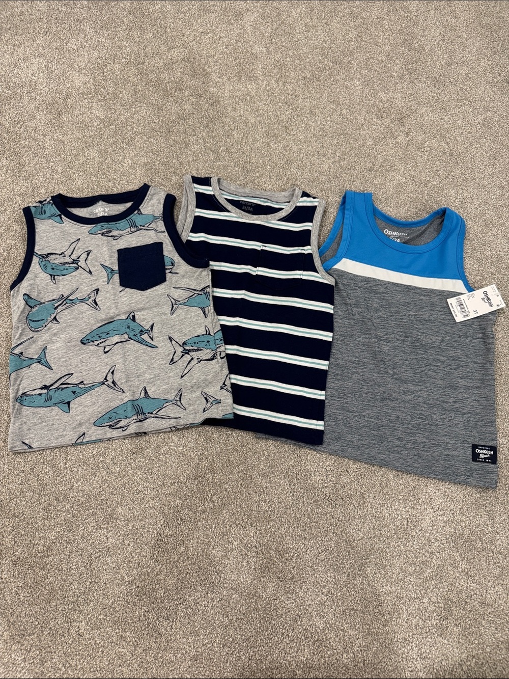 Carter's Boys' 3-Pack Tank Tops - Blue, Navy & Gray Shark/Stripe/Colorblock